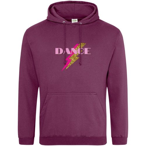 purple hoodie with gold and pink flash and the word 'Dance' on it