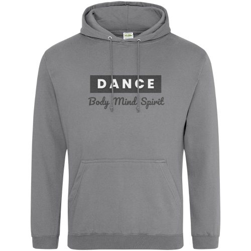 graphite heather hoodie with 'Dance Body Mind Spirit' logo