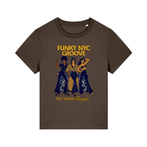 mocha colour t shirt for women retro disco 1970s design featuring three dancers