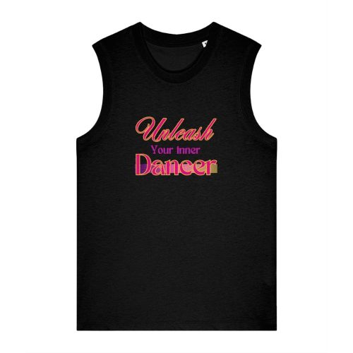 dancerine tank top black with pink and purple graphic 'unleash your inner dancer'